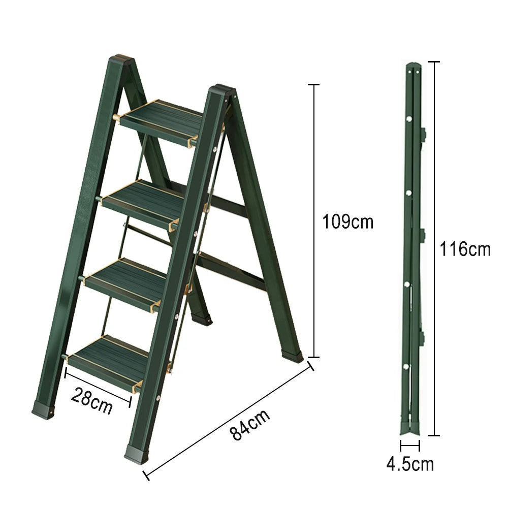 GROVIA 3/4 Step Aluminium Folding Ladder - 28cm Wide Pedals, 150kg Capacity, Folded Size 4.5cm, Anti-Slip Base - Green