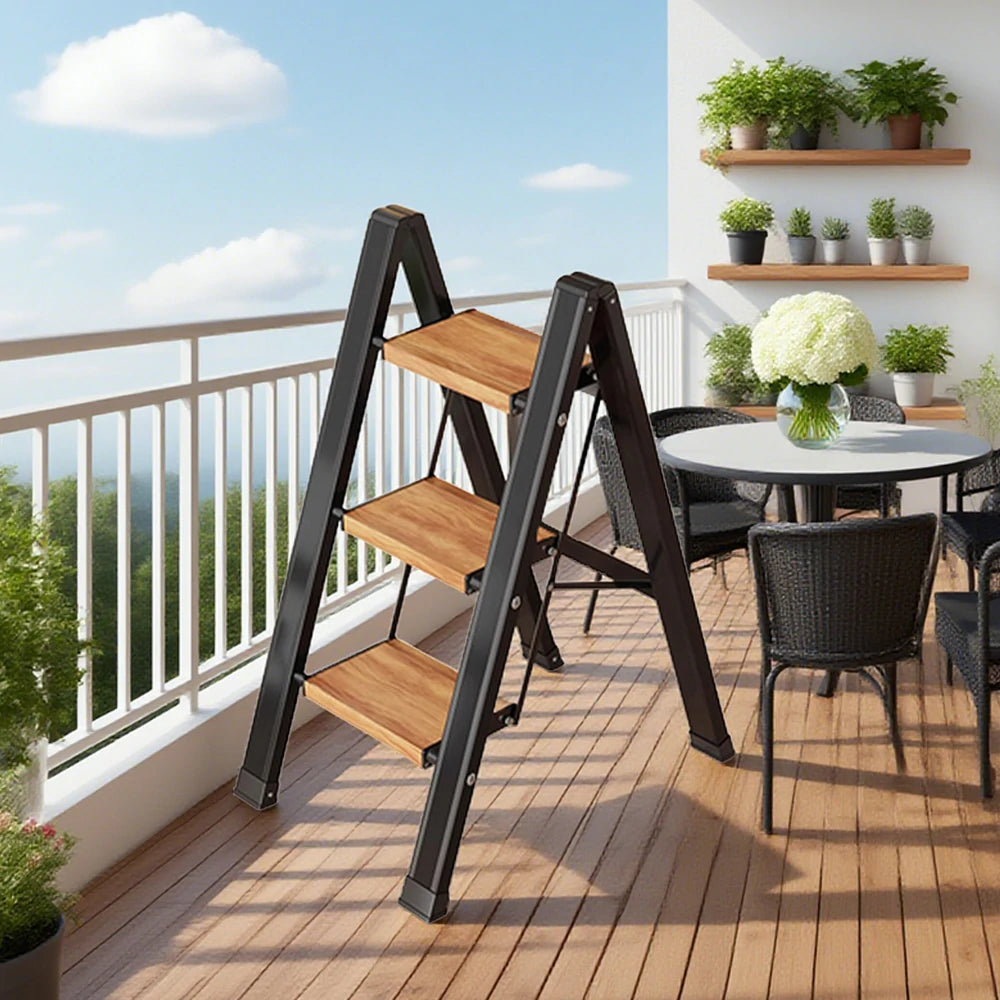 GROVIA 3/4 Step Aluminium Folding Ladder - 28cm Wide Pedals, 150kg Capacity, Folded Size 4.5cm, Anti-Slip Base