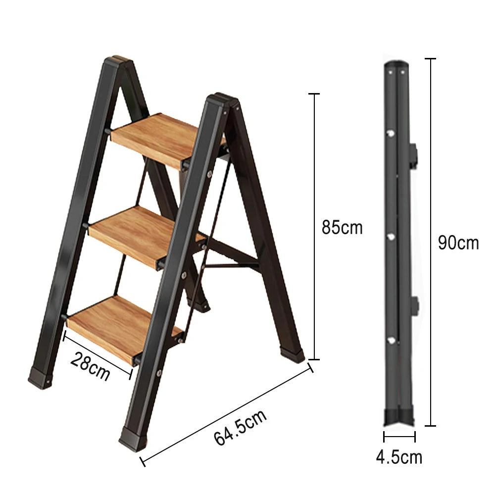 GROVIA 3/4 Step Aluminium Folding Ladder - 28cm Wide Pedals, 150kg Capacity, Folded Size 4.5cm, Anti-Slip Base