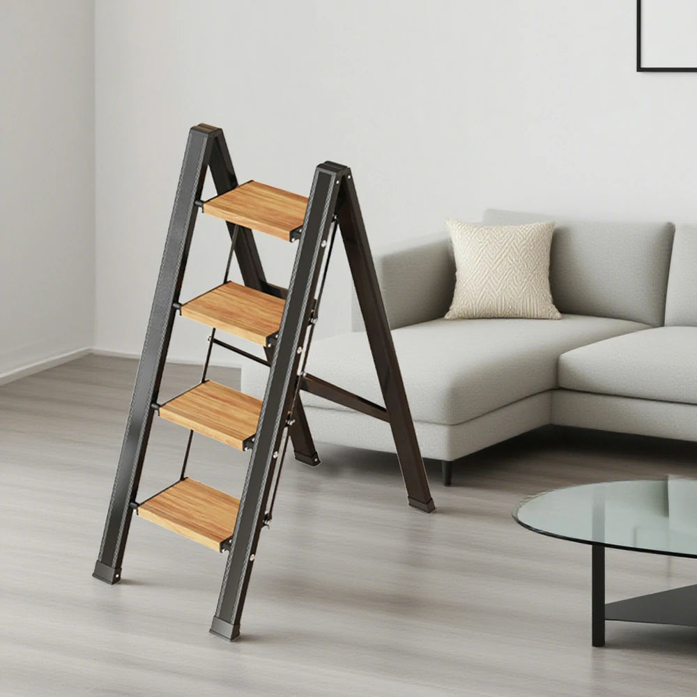 GROVIA 3/4 Step Aluminium Folding Ladder - 28cm Wide Pedals, 150kg Capacity, Folded Size 4.5cm, Anti-Slip Base