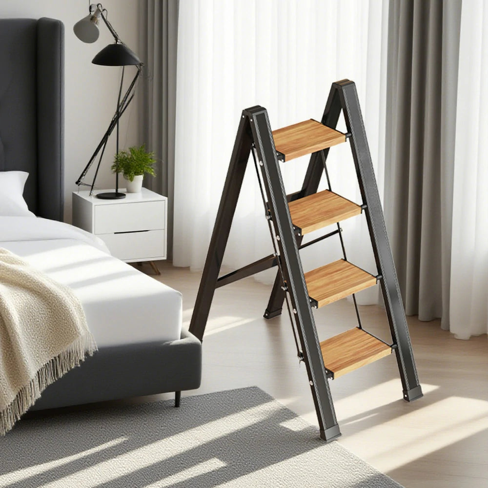 GROVIA 3/4 Step Aluminium Folding Ladder - 28cm Wide Pedals, 150kg Capacity, Folded Size 4.5cm, Anti-Slip Base