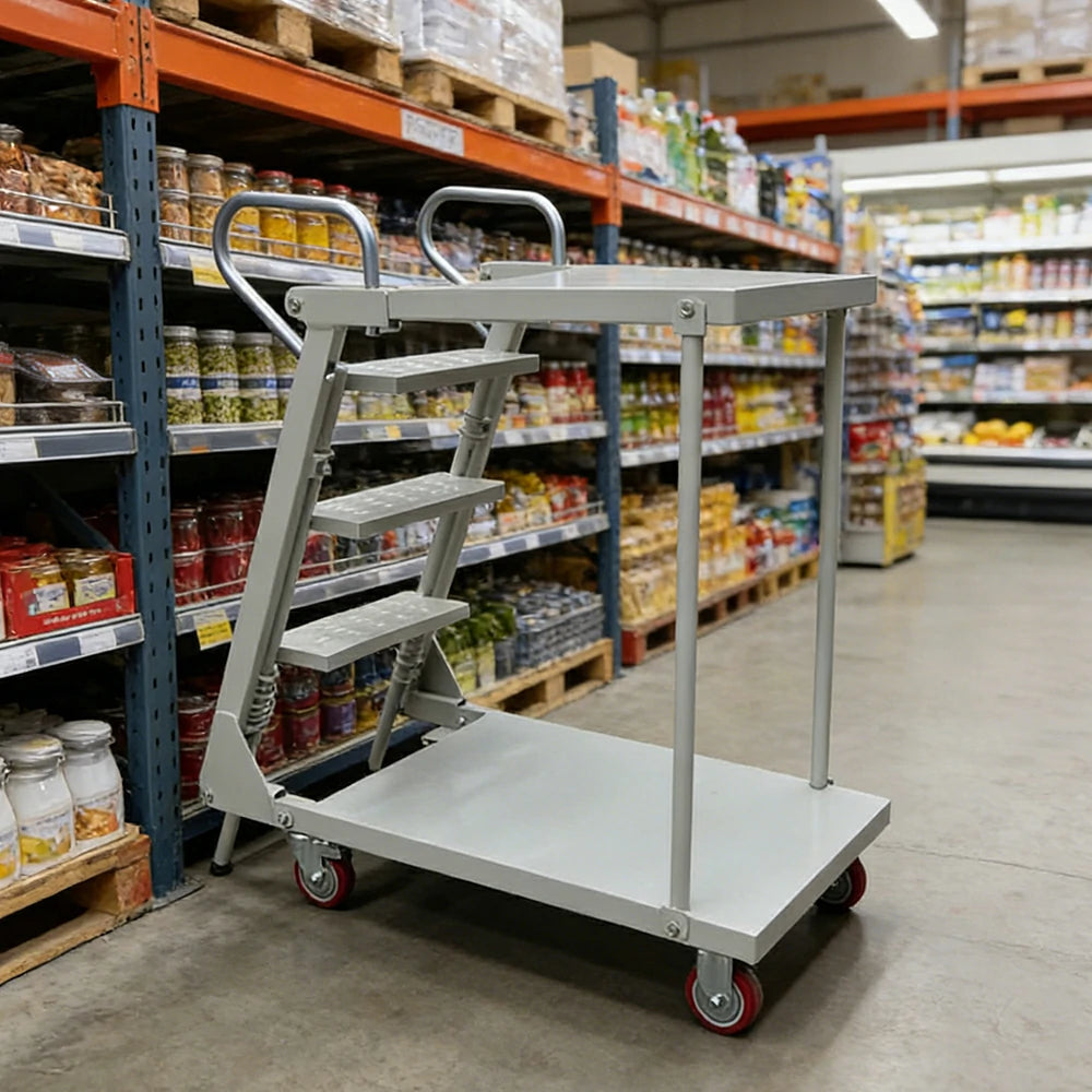 GROVIA Mobile Double-Layer Folding Ladder Cart - Heavy-Duty Steel Frame, Lockable Casters, Anti-Slip Steps, Warehouse & Industrial Use - Silver