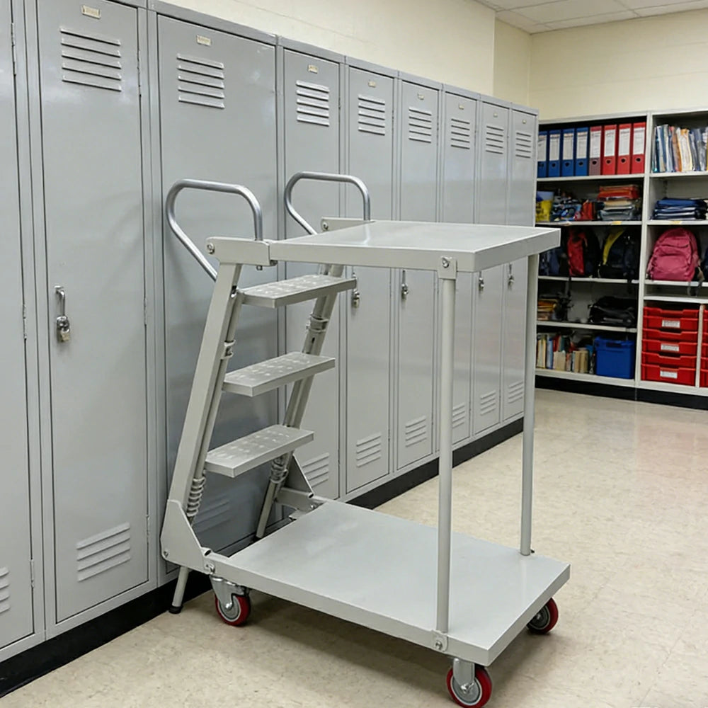 GROVIA Mobile Double-Layer Folding Ladder Cart - Heavy-Duty Steel Frame, Lockable Casters, Anti-Slip Steps, Warehouse & Industrial Use - Silver