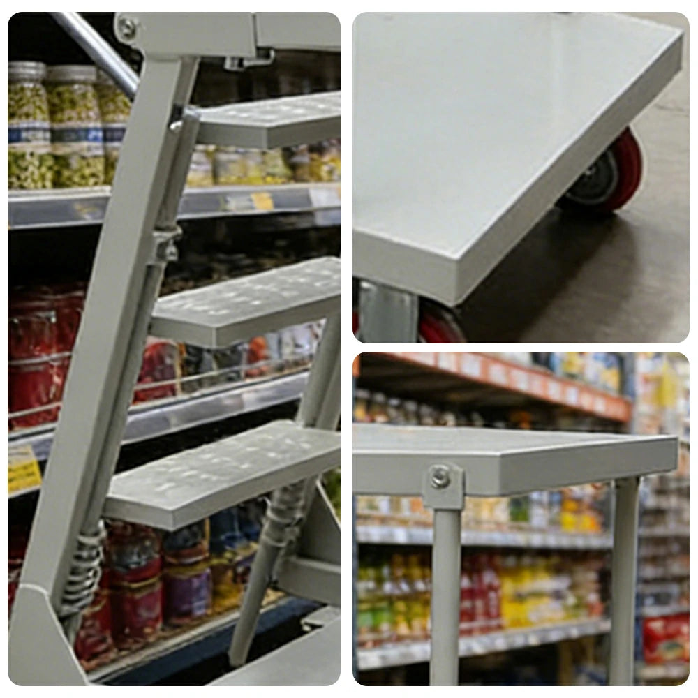 GROVIA Mobile Double-Layer Folding Ladder Cart - Heavy-Duty Steel Frame, Lockable Casters, Anti-Slip Steps, Warehouse & Industrial Use - Silver