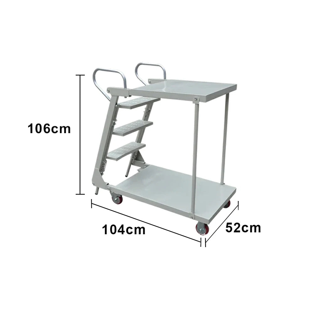GROVIA Mobile Double-Layer Folding Ladder Cart - Heavy-Duty Steel Frame, Lockable Casters, Anti-Slip Steps, Warehouse & Industrial Use - Silver