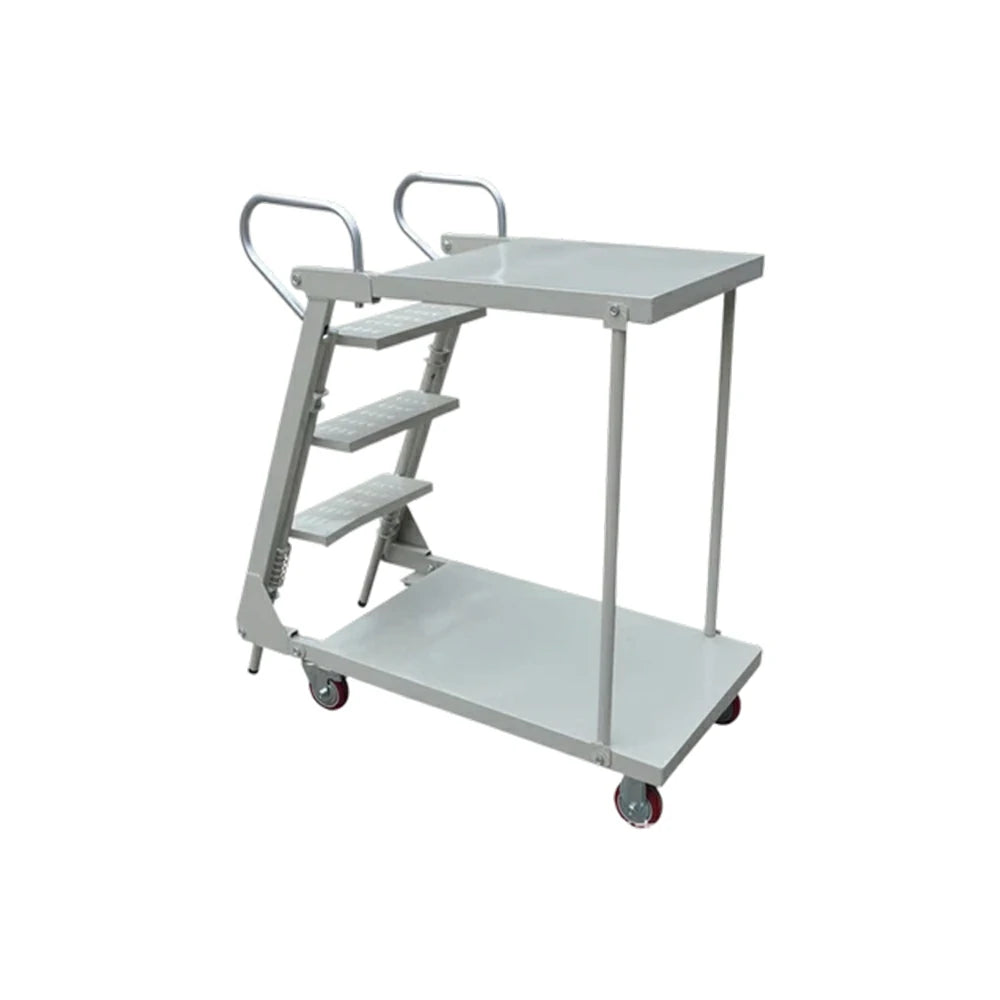 GROVIA Mobile Double-Layer Folding Ladder Cart - Heavy-Duty Steel Frame, Lockable Casters, Anti-Slip Steps, Warehouse & Industrial Use - Silver