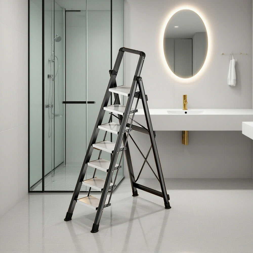GROVIA 7/8/9 Step Carbon Steel Folding Ladder - 150kg Capacity, Foldable to 5cm, Anti-Slip Base - Black