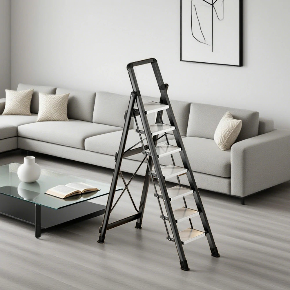 GROVIA 7/8/9 Step Carbon Steel Folding Ladder - 150kg Capacity, Foldable to 5cm, Anti-Slip Base - Black