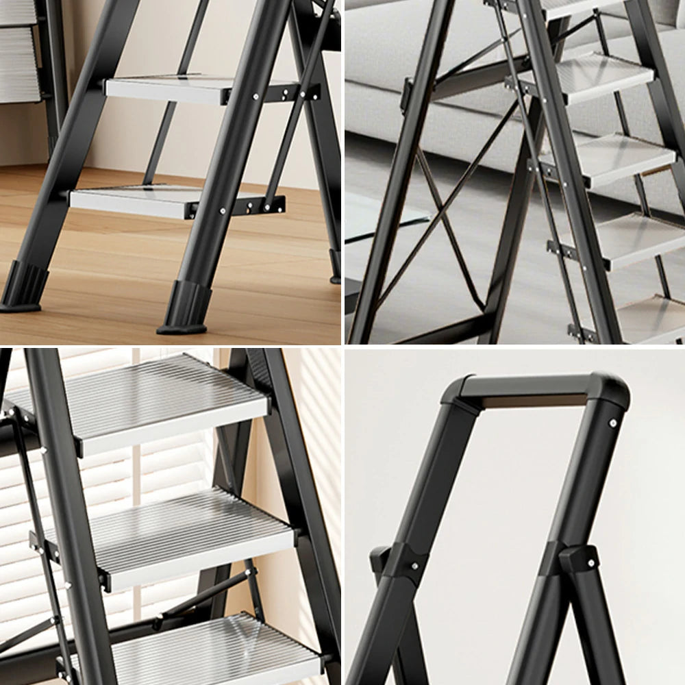 GROVIA 7/8/9 Step Carbon Steel Folding Ladder - 150kg Capacity, Foldable to 5cm, Anti-Slip Base - Black