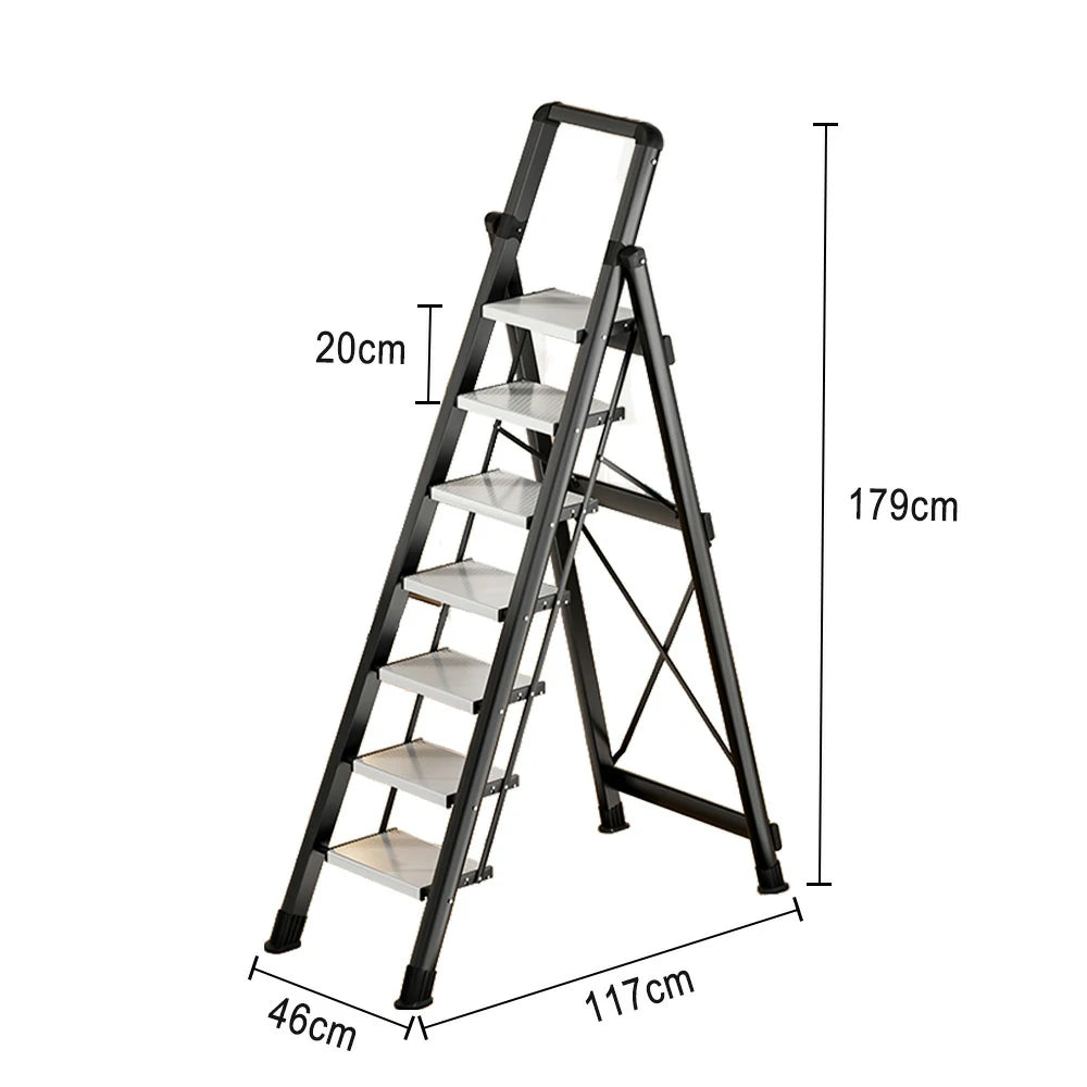 GROVIA 7/8/9 Step Carbon Steel Folding Ladder - 150kg Capacity, Foldable to 5cm, Anti-Slip Base - Black