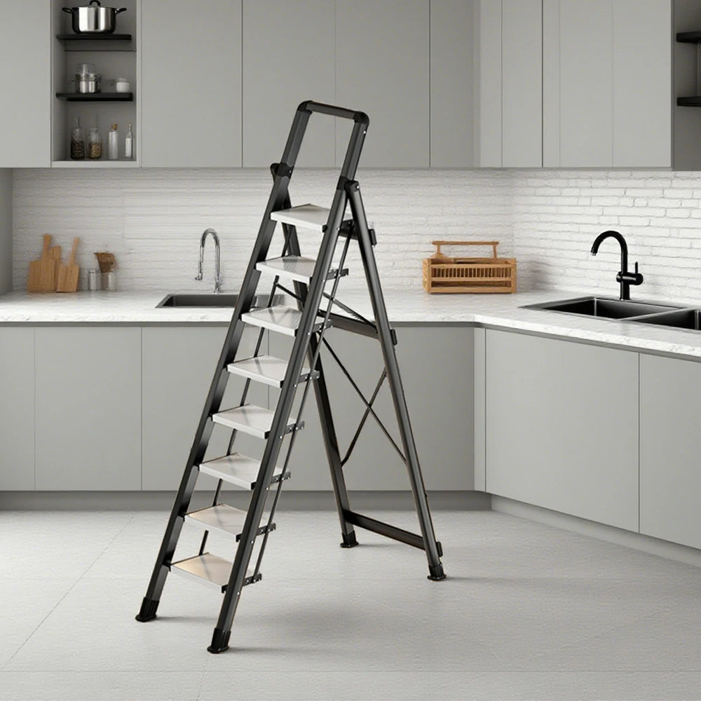 GROVIA 7/8/9 Step Carbon Steel Folding Ladder - 150kg Capacity, Foldable to 5cm, Anti-Slip Base - Black