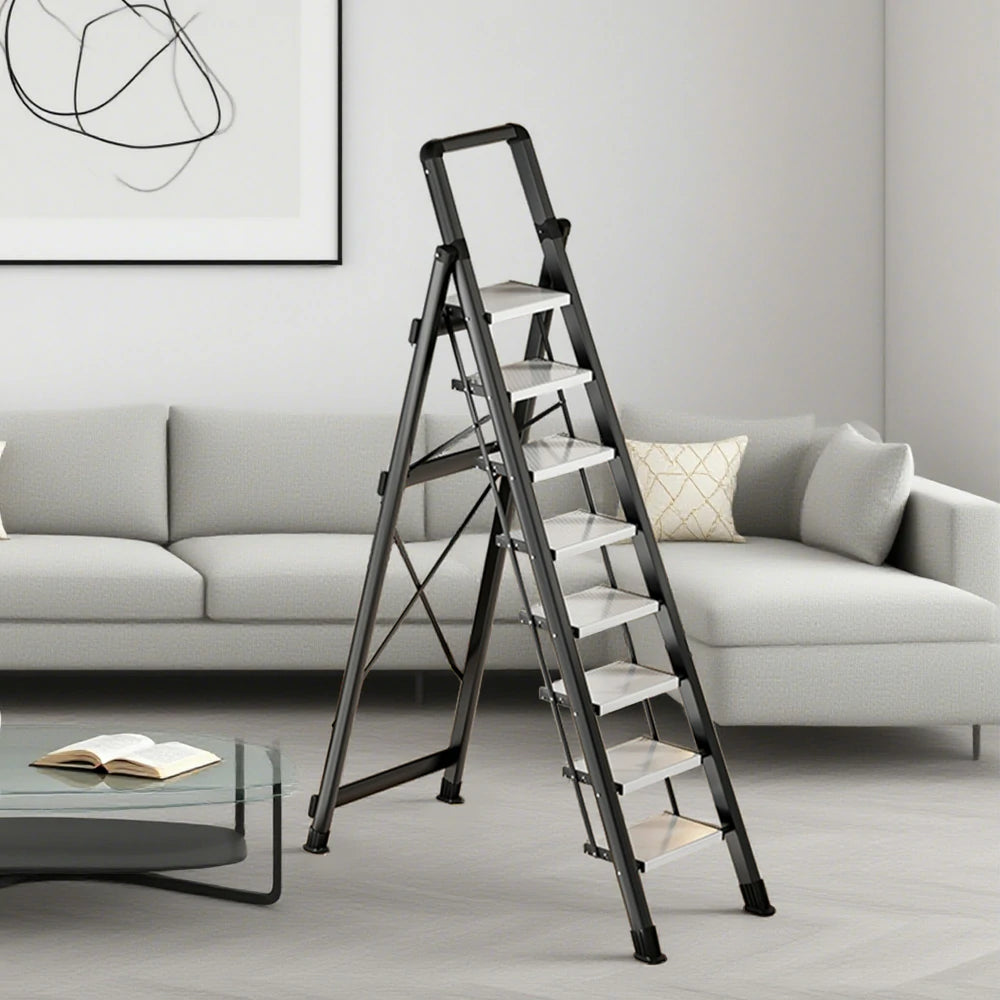 GROVIA 7/8/9 Step Carbon Steel Folding Ladder - 150kg Capacity, Foldable to 5cm, Anti-Slip Base - Black