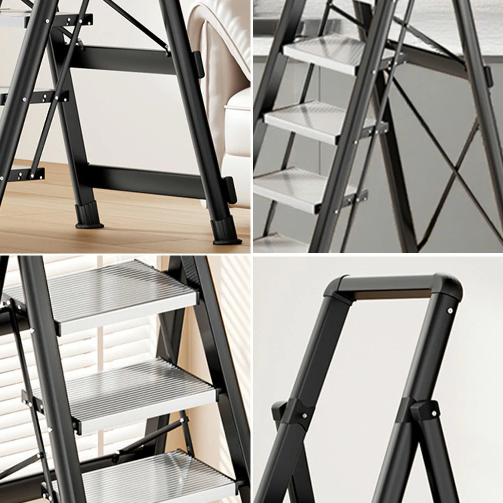 GROVIA 7/8/9 Step Carbon Steel Folding Ladder - 150kg Capacity, Foldable to 5cm, Anti-Slip Base - Black