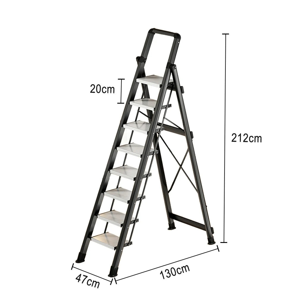 GROVIA 7/8/9 Step Carbon Steel Folding Ladder - 150kg Capacity, Foldable to 5cm, Anti-Slip Base - Black