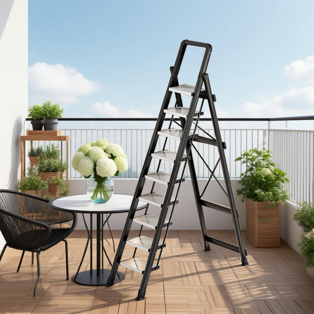 GROVIA 7/8/9 Step Carbon Steel Folding Ladder - 150kg Capacity, Foldable to 5cm, Anti-Slip Base - Black