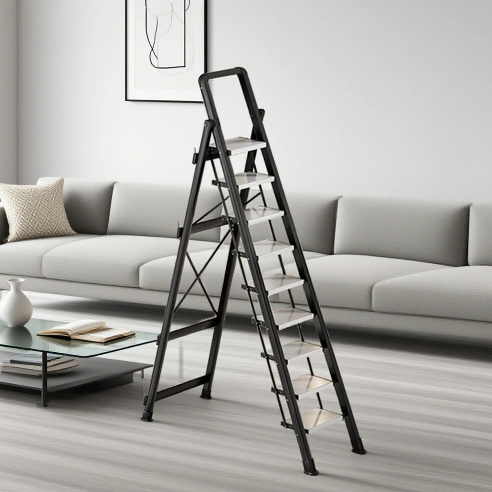 GROVIA 7/8/9 Step Carbon Steel Folding Ladder - 150kg Capacity, Foldable to 5cm, Anti-Slip Base - Black