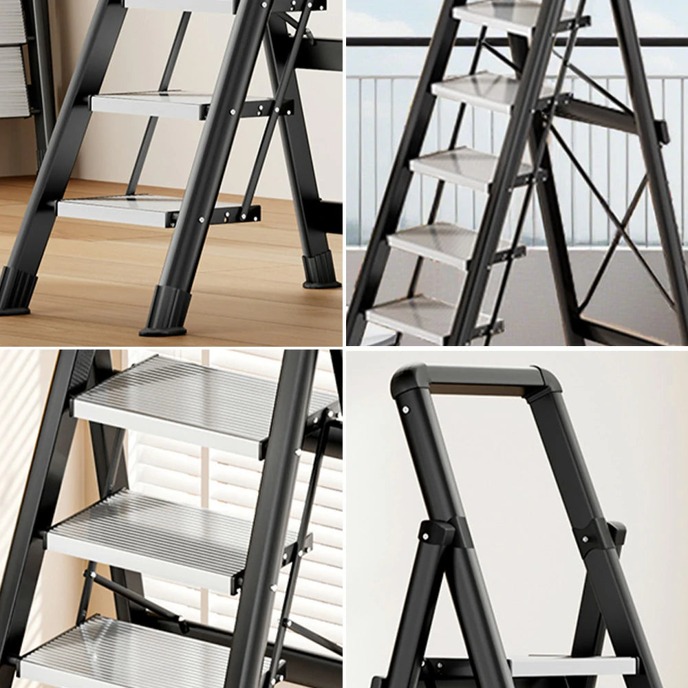 GROVIA 7/8/9 Step Carbon Steel Folding Ladder - 150kg Capacity, Foldable to 5cm, Anti-Slip Base - Black