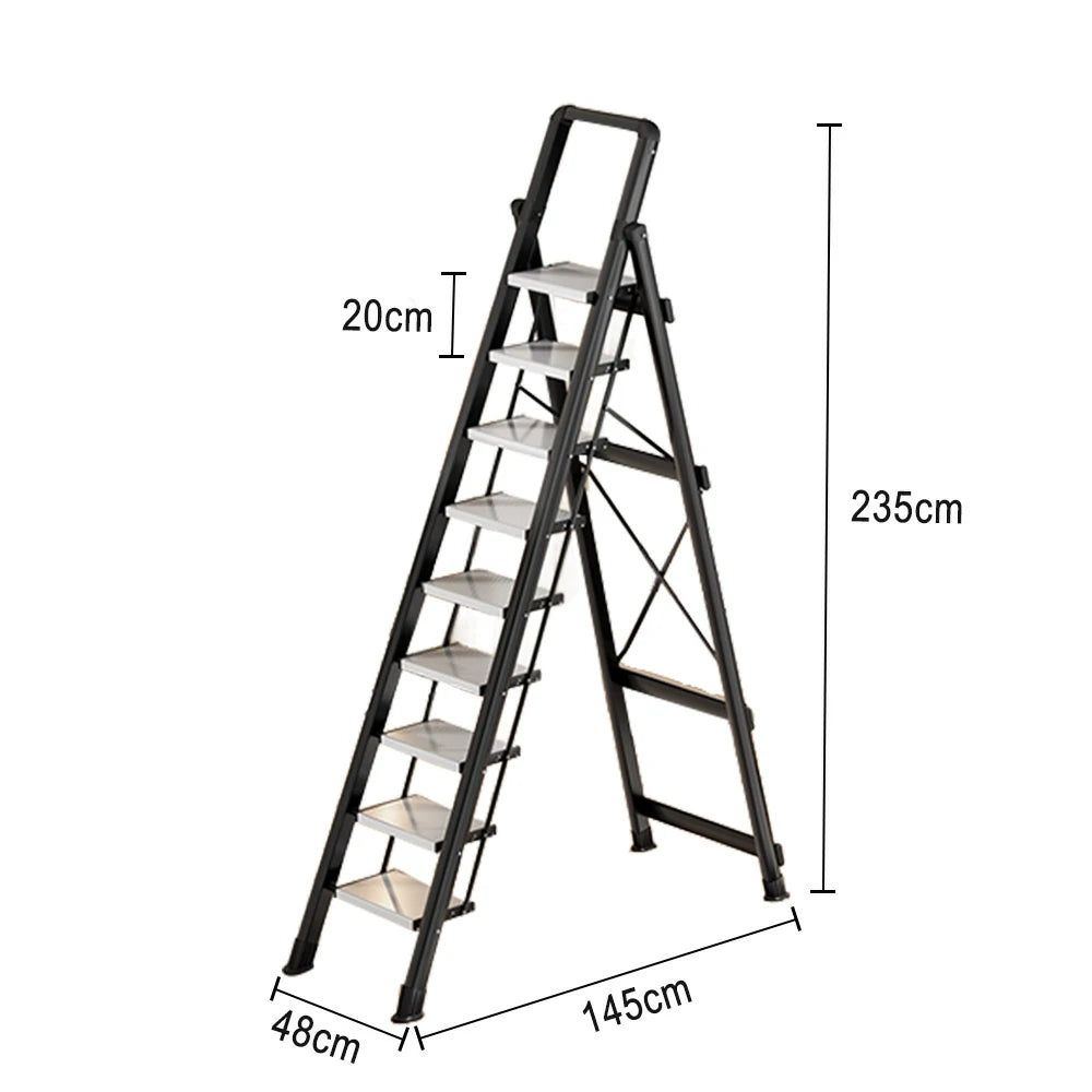 GROVIA 7/8/9 Step Carbon Steel Folding Ladder - 150kg Capacity, Foldable to 5cm, Anti-Slip Base - Black
