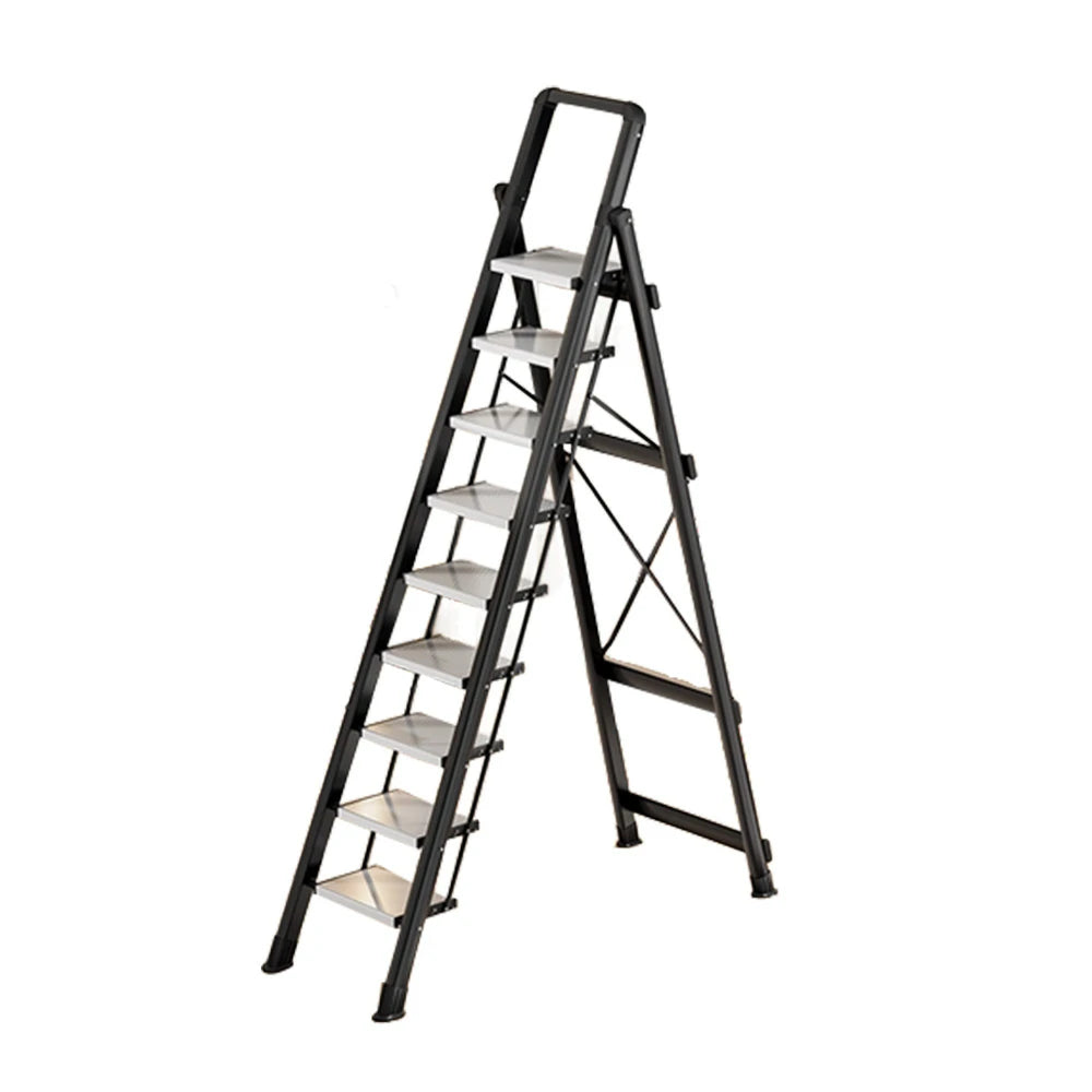 GROVIA 7/8/9 Step Carbon Steel Folding Ladder - 150kg Capacity, Foldable to 5cm, Anti-Slip Base - Black