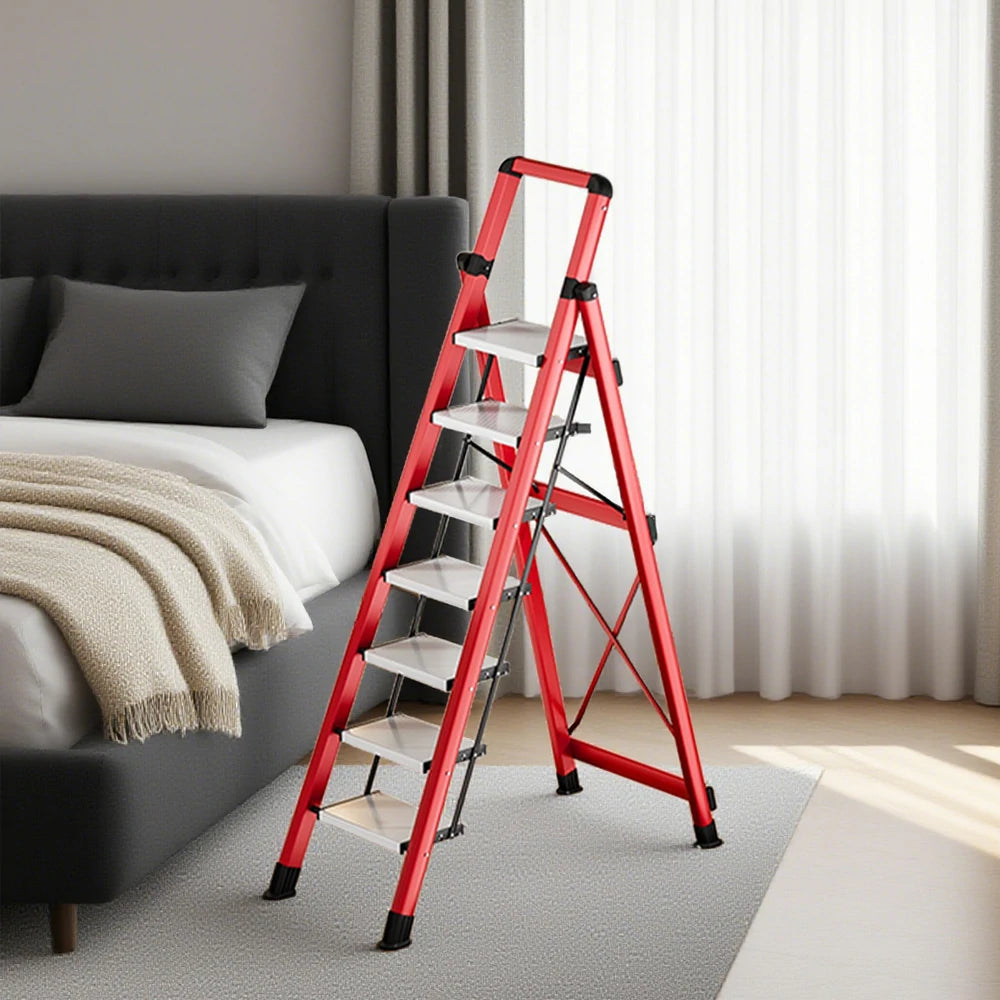 GROVIA 7/8/9 Step Carbon Steel Folding Ladder - 150kg Capacity, Foldable to 5cm, Anti-Slip Base - Red