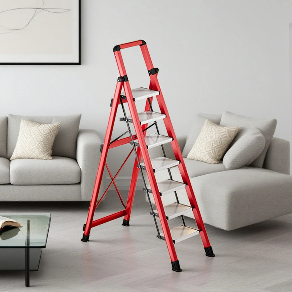 GROVIA 7/8/9 Step Carbon Steel Folding Ladder - 150kg Capacity, Foldable to 5cm, Anti-Slip Base - Red