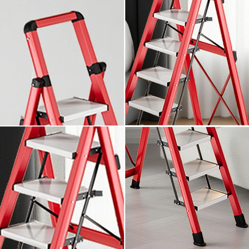 GROVIA 7/8/9 Step Carbon Steel Folding Ladder - 150kg Capacity, Foldable to 5cm, Anti-Slip Base - Red