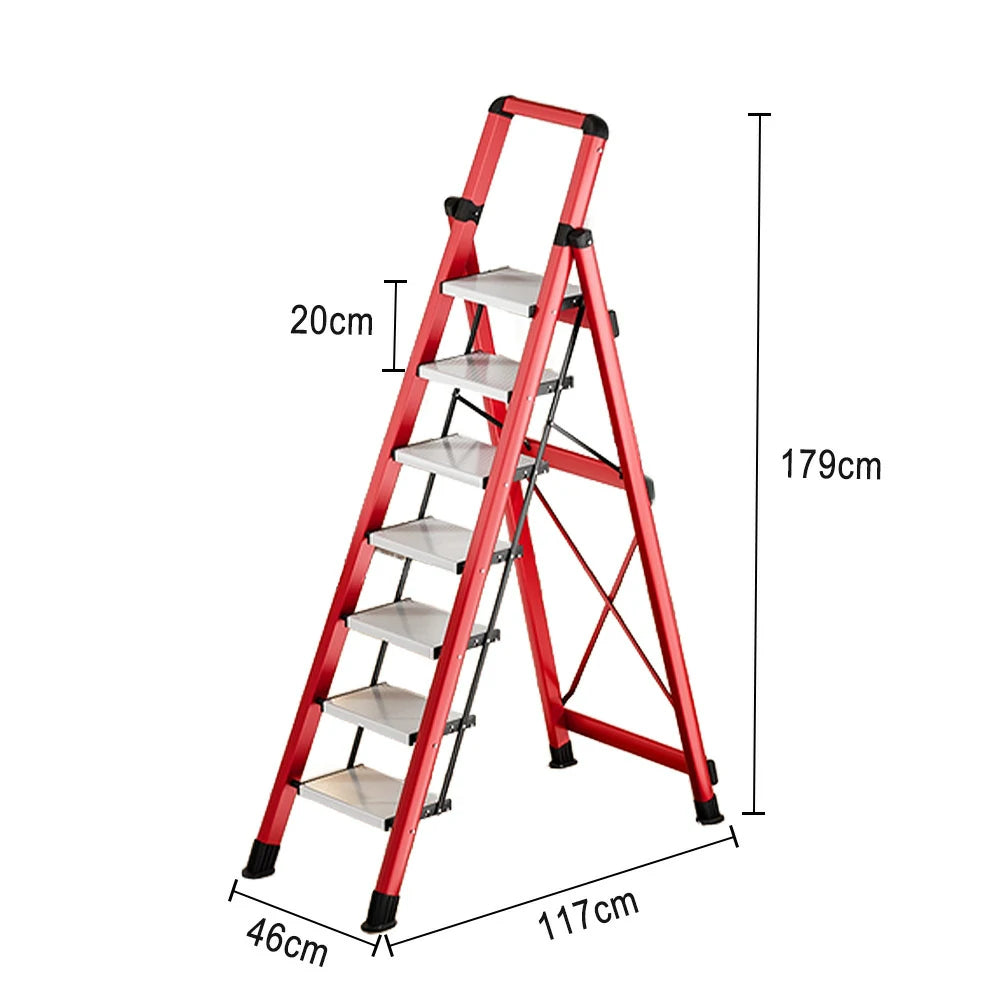 GROVIA 7/8/9 Step Carbon Steel Folding Ladder - 150kg Capacity, Foldable to 5cm, Anti-Slip Base - Red