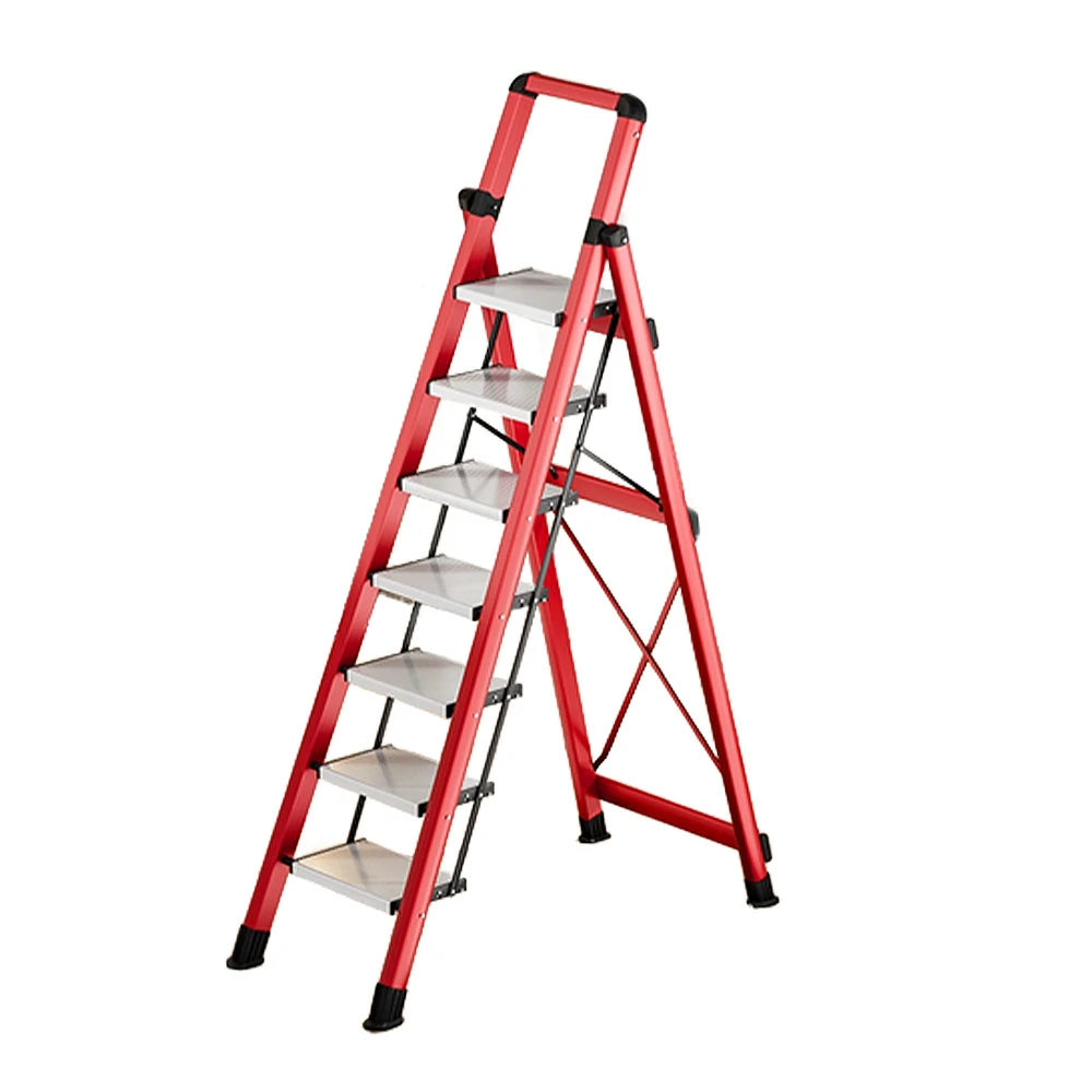 GROVIA 7/8/9 Step Carbon Steel Folding Ladder - 150kg Capacity, Foldable to 5cm, Anti-Slip Base - Red