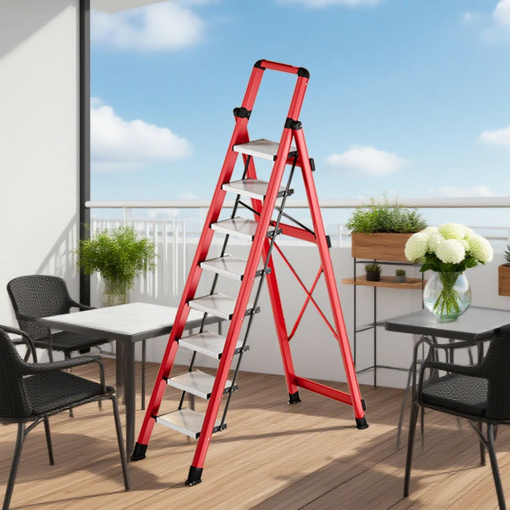 GROVIA 7/8/9 Step Carbon Steel Folding Ladder - 150kg Capacity, Foldable to 5cm, Anti-Slip Base - Red