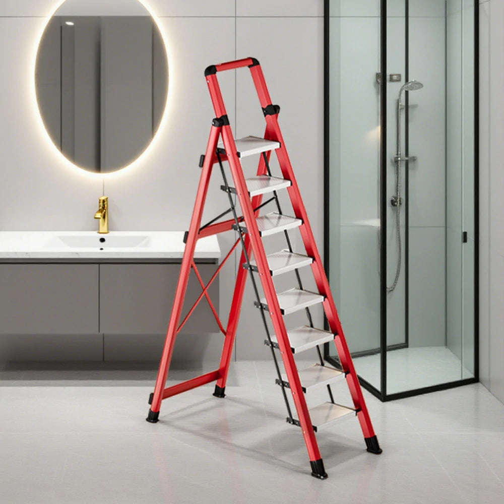 GROVIA 7/8/9 Step Carbon Steel Folding Ladder - 150kg Capacity, Foldable to 5cm, Anti-Slip Base - Red