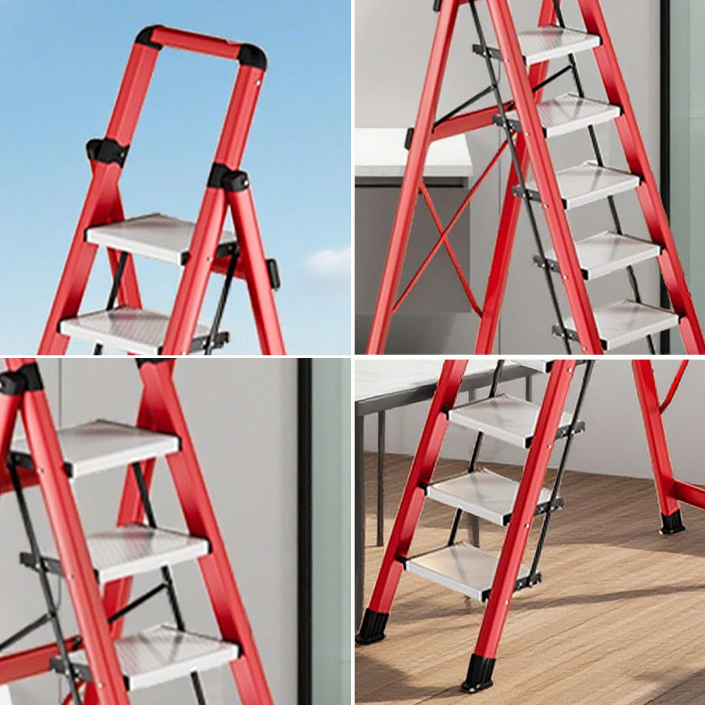 GROVIA 7/8/9 Step Carbon Steel Folding Ladder - 150kg Capacity, Foldable to 5cm, Anti-Slip Base - Red