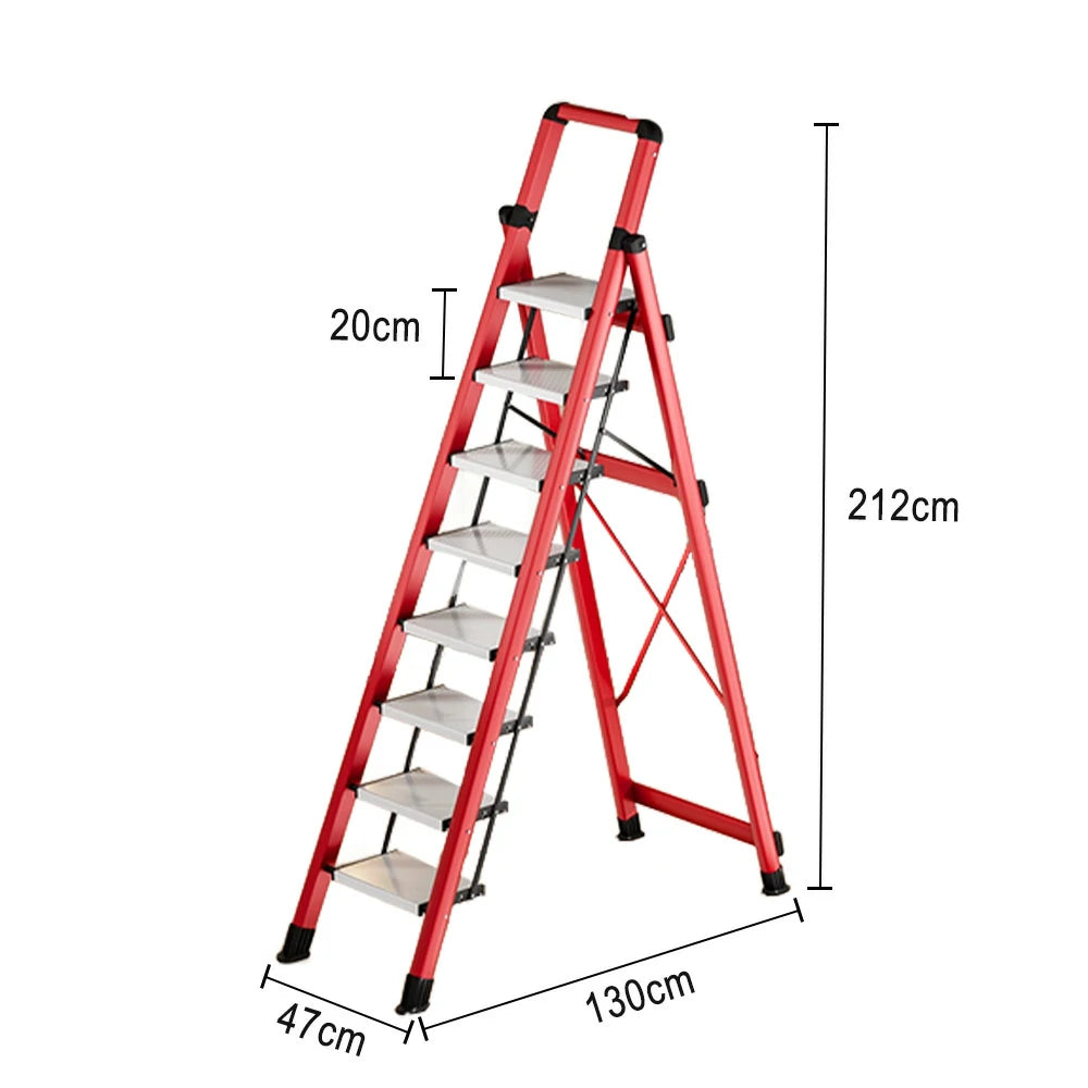 GROVIA 7/8/9 Step Carbon Steel Folding Ladder - 150kg Capacity, Foldable to 5cm, Anti-Slip Base - Red