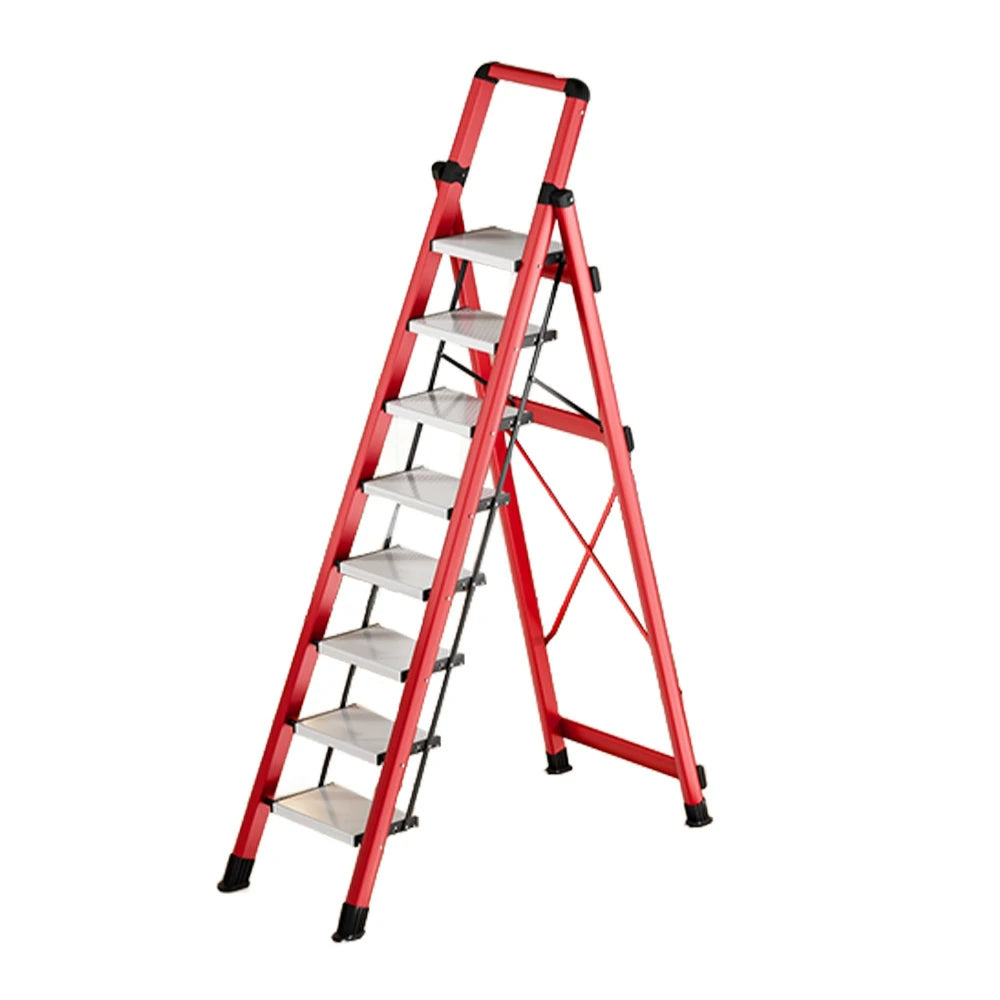GROVIA 7/8/9 Step Carbon Steel Folding Ladder - 150kg Capacity, Foldable to 5cm, Anti-Slip Base - Red