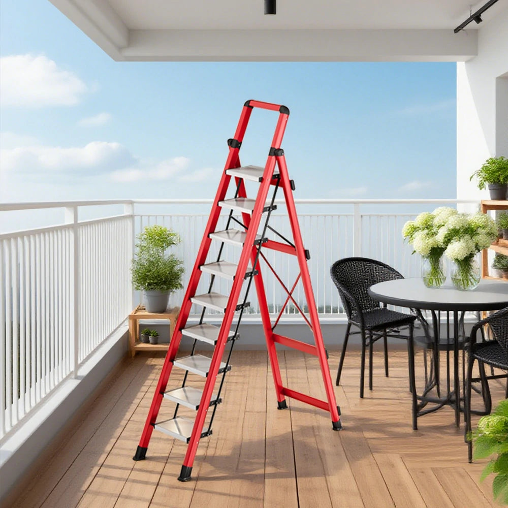 GROVIA 7/8/9 Step Carbon Steel Folding Ladder - 150kg Capacity, Foldable to 5cm, Anti-Slip Base - Red