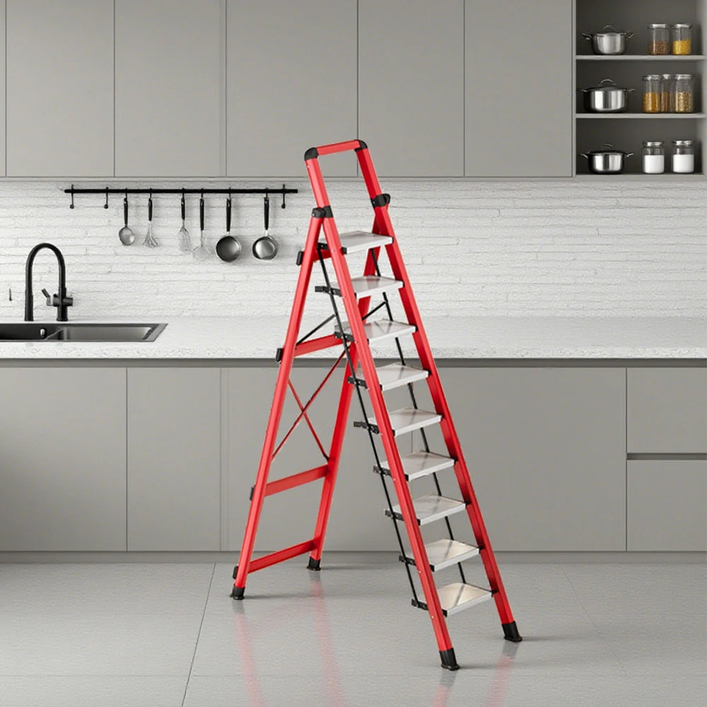 GROVIA 7/8/9 Step Carbon Steel Folding Ladder - 150kg Capacity, Foldable to 5cm, Anti-Slip Base - Red