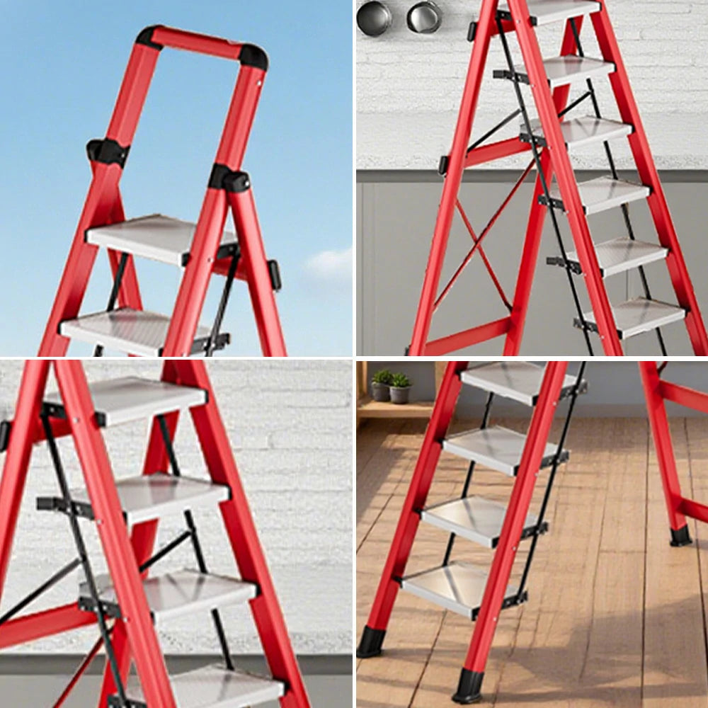 GROVIA 7/8/9 Step Carbon Steel Folding Ladder - 150kg Capacity, Foldable to 5cm, Anti-Slip Base - Red
