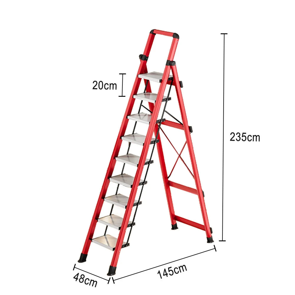 GROVIA 7/8/9 Step Carbon Steel Folding Ladder - 150kg Capacity, Foldable to 5cm, Anti-Slip Base - Red