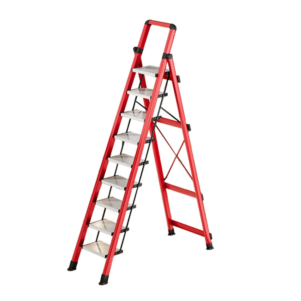 GROVIA 7/8/9 Step Carbon Steel Folding Ladder - 150kg Capacity, Foldable to 5cm, Anti-Slip Base - Red
