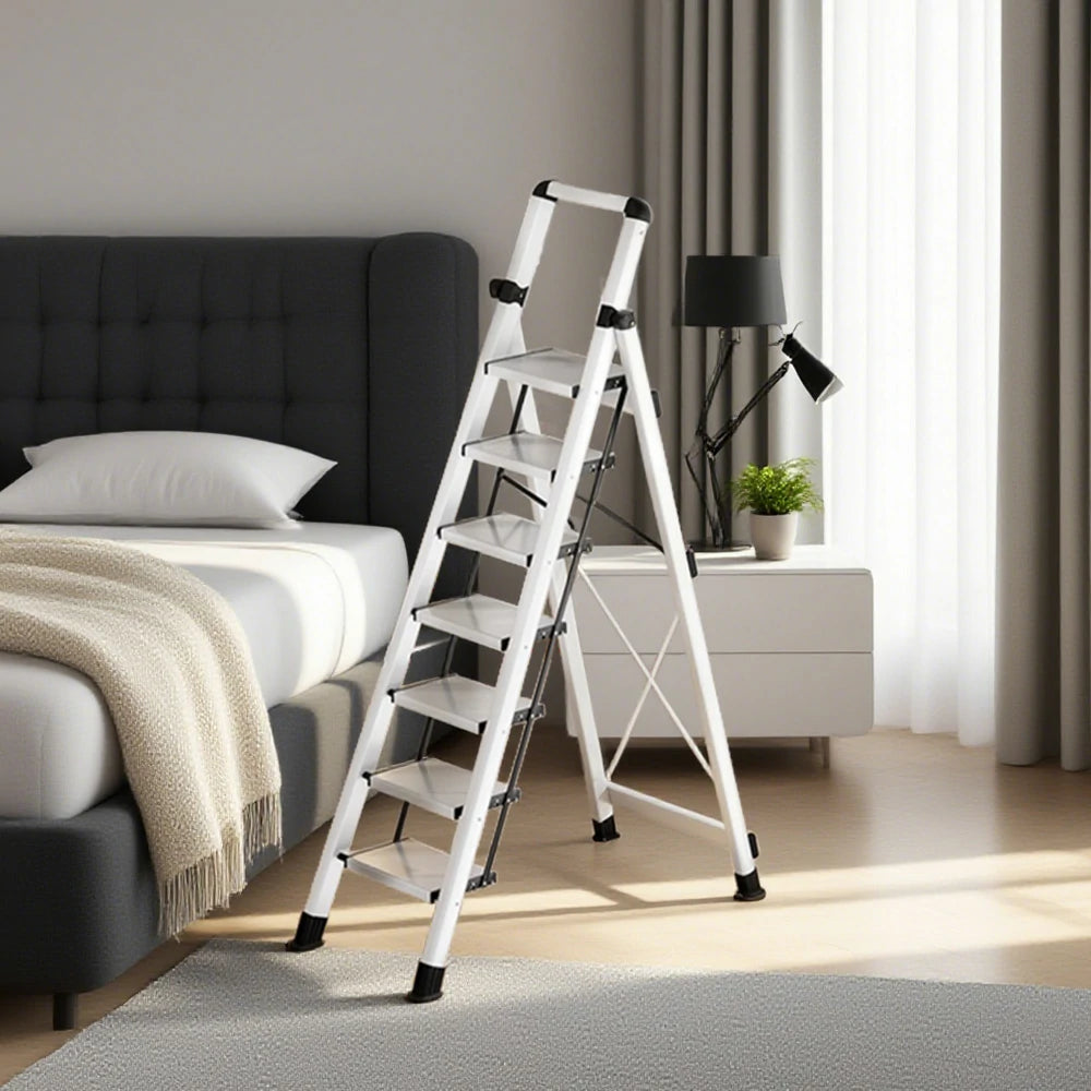 GROVIA 7/8/9 Step Carbon Steel Folding Ladder - 150kg Capacity, Foldable to 5cm, Anti-Slip Base - White
