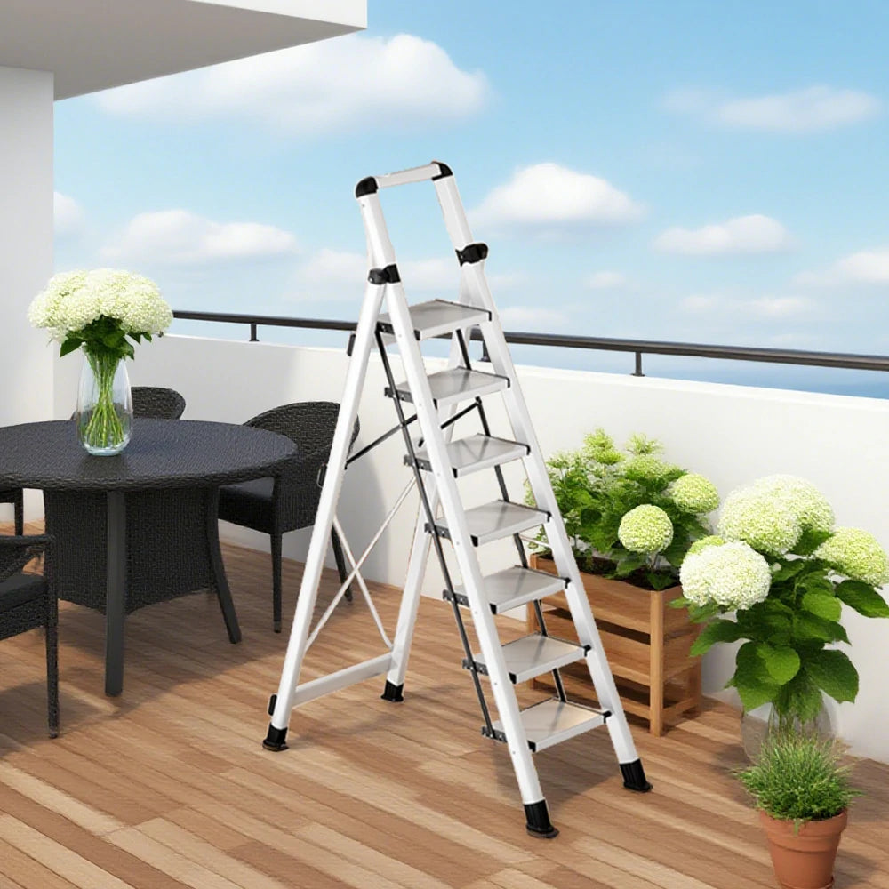 GROVIA 7/8/9 Step Carbon Steel Folding Ladder - 150kg Capacity, Foldable to 5cm, Anti-Slip Base - White