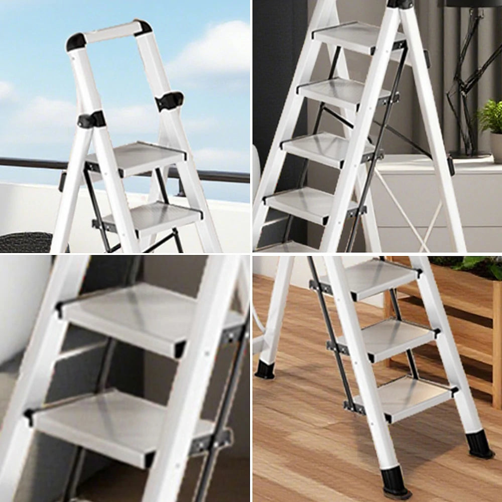 GROVIA 7/8/9 Step Carbon Steel Folding Ladder - 150kg Capacity, Foldable to 5cm, Anti-Slip Base - White
