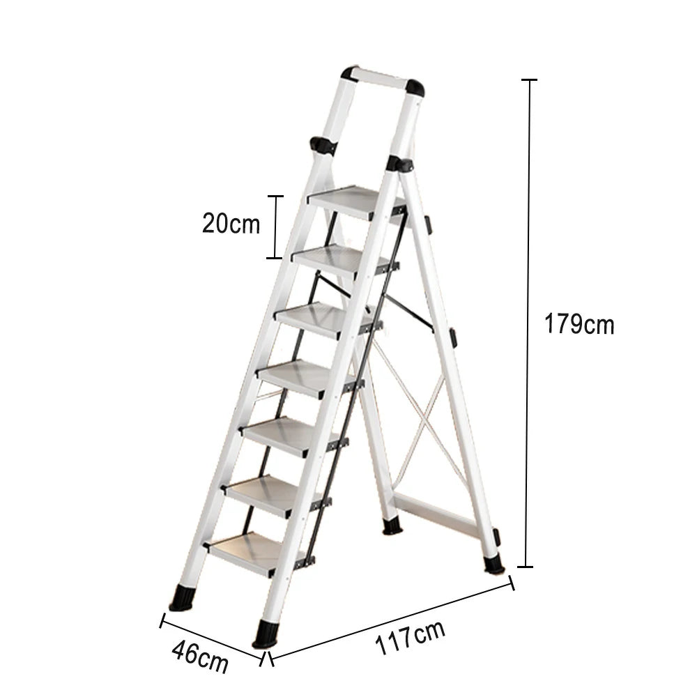 GROVIA 7/8/9 Step Carbon Steel Folding Ladder - 150kg Capacity, Foldable to 5cm, Anti-Slip Base - White