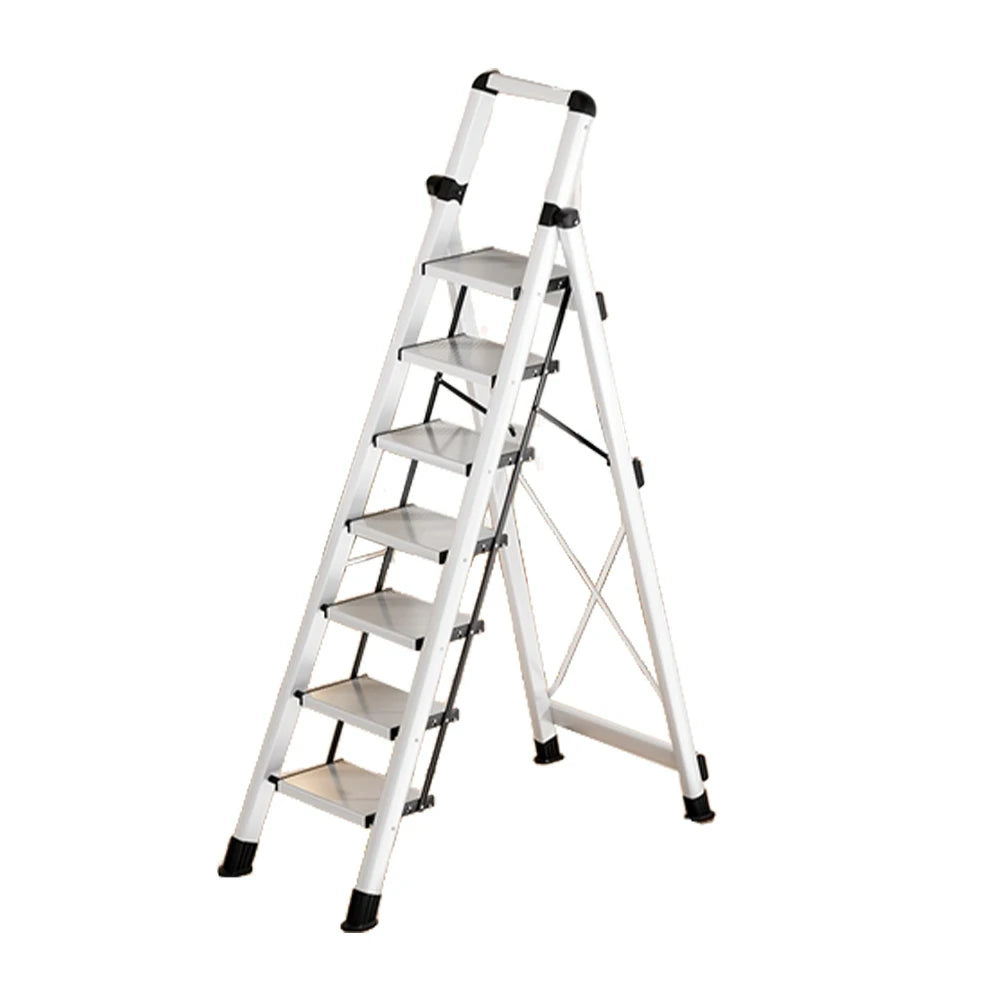 GROVIA 7/8/9 Step Carbon Steel Folding Ladder - 150kg Capacity, Foldable to 5cm, Anti-Slip Base - White