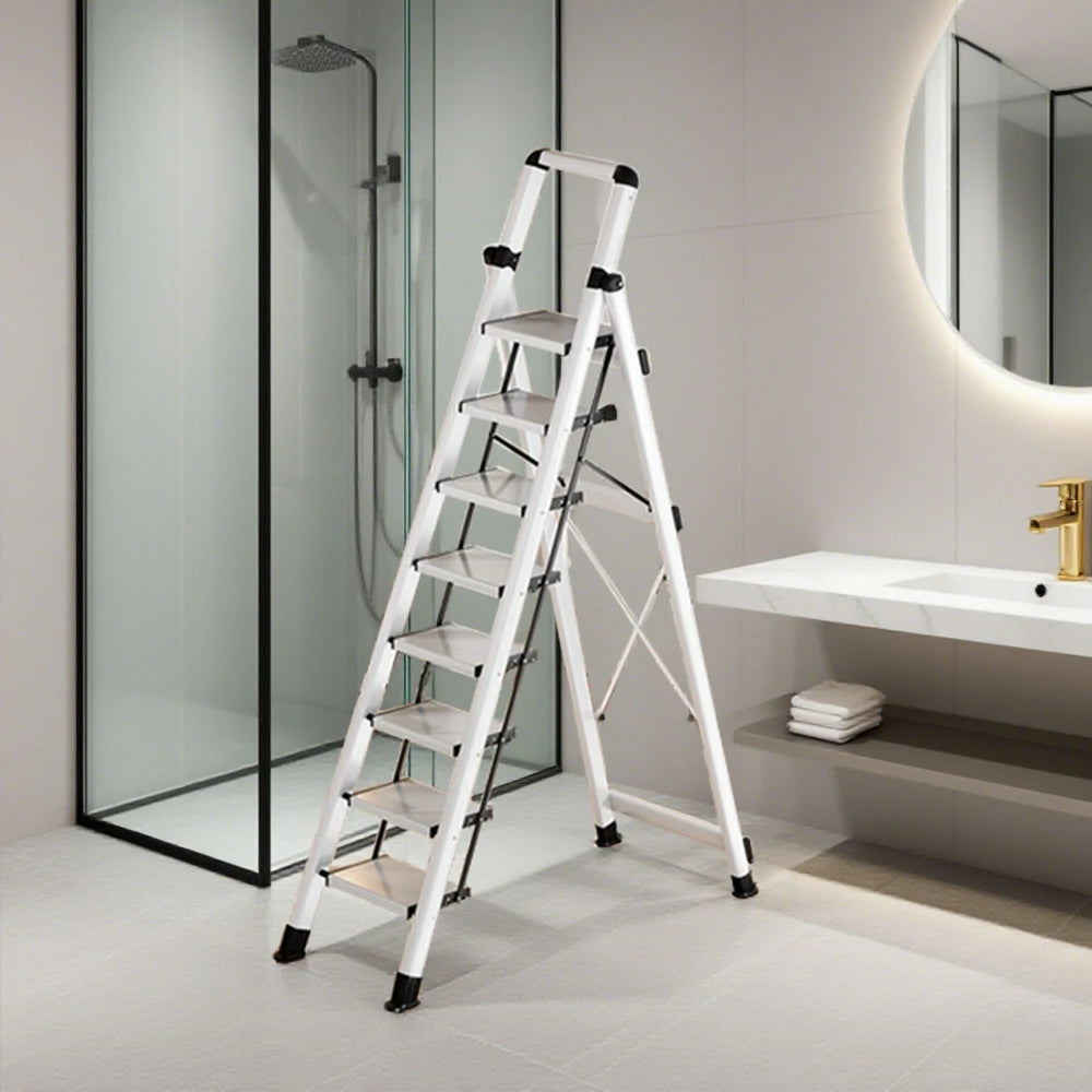 GROVIA 7/8/9 Step Carbon Steel Folding Ladder - 150kg Capacity, Foldable to 5cm, Anti-Slip Base - White