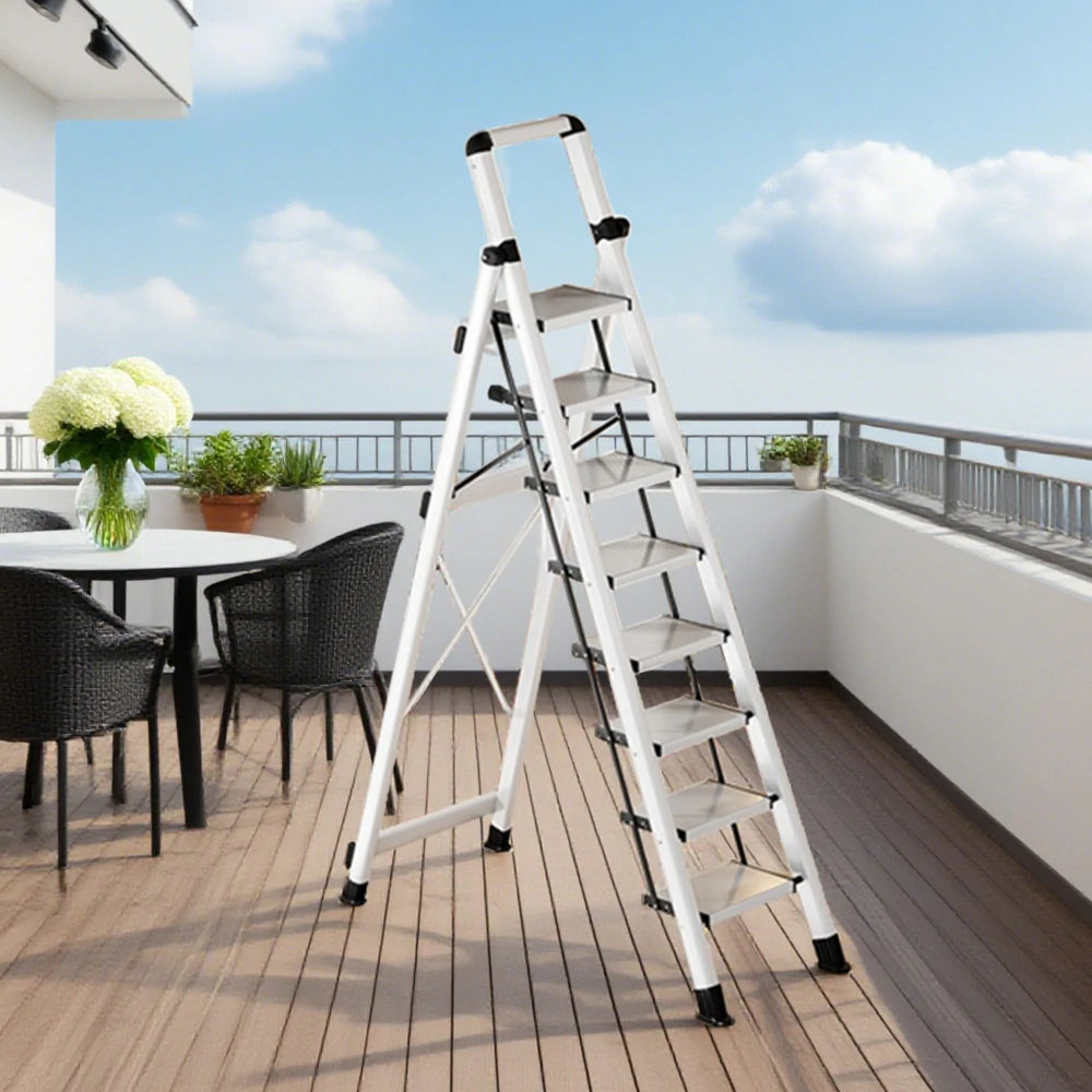 GROVIA 7/8/9 Step Carbon Steel Folding Ladder - 150kg Capacity, Foldable to 5cm, Anti-Slip Base - White