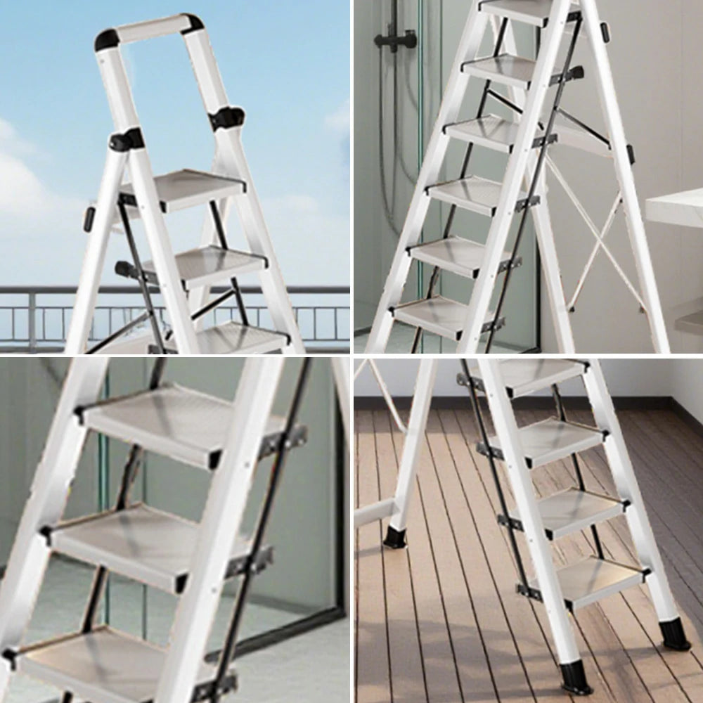 GROVIA 7/8/9 Step Carbon Steel Folding Ladder - 150kg Capacity, Foldable to 5cm, Anti-Slip Base - White