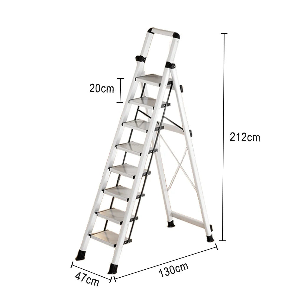GROVIA 7/8/9 Step Carbon Steel Folding Ladder - 150kg Capacity, Foldable to 5cm, Anti-Slip Base - White
