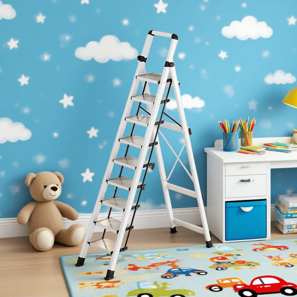 GROVIA 7/8/9 Step Carbon Steel Folding Ladder - 150kg Capacity, Foldable to 5cm, Anti-Slip Base - White