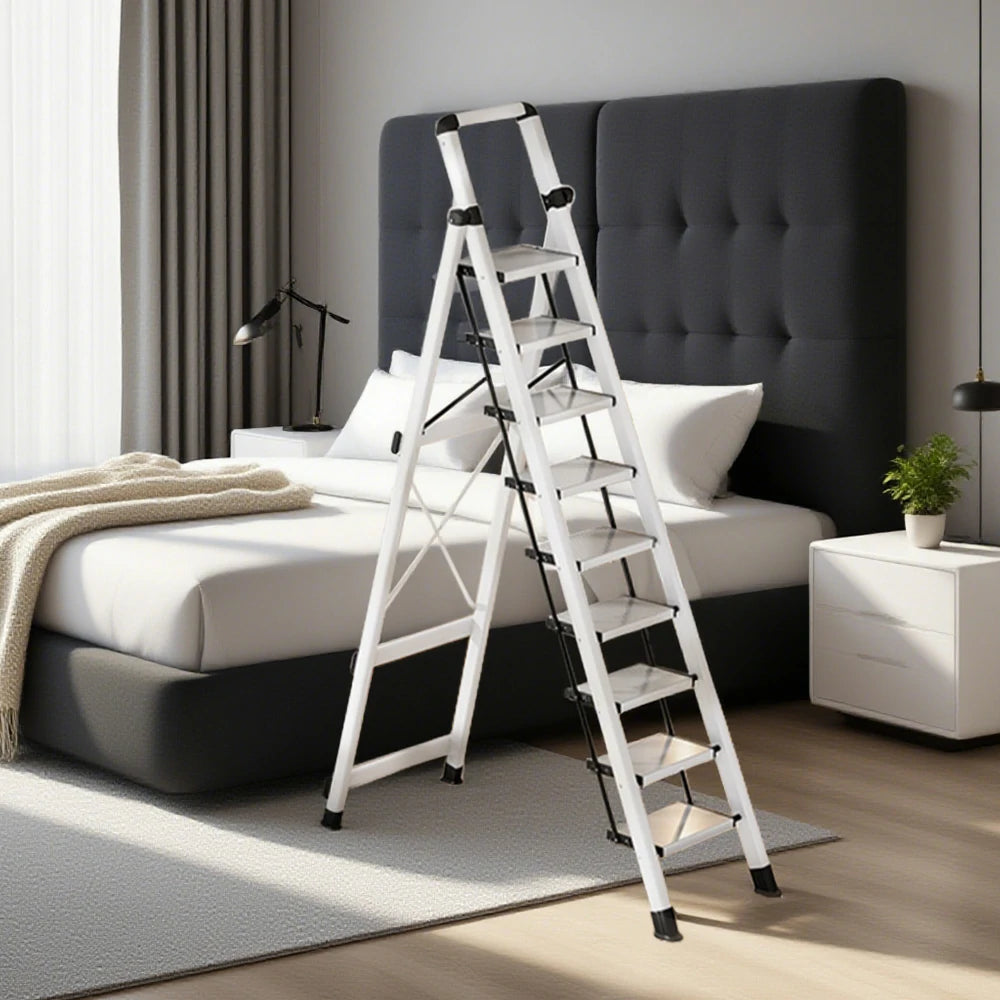 GROVIA 7/8/9 Step Carbon Steel Folding Ladder - 150kg Capacity, Foldable to 5cm, Anti-Slip Base - White