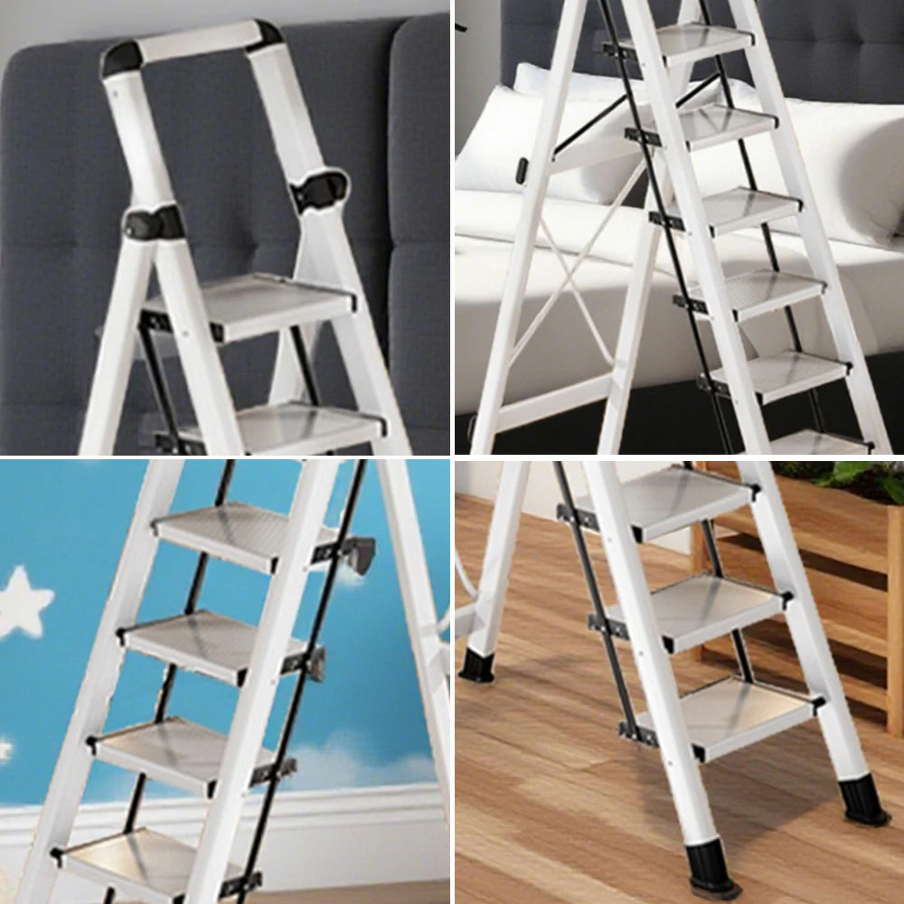 GROVIA 7/8/9 Step Carbon Steel Folding Ladder - 150kg Capacity, Foldable to 5cm, Anti-Slip Base - White